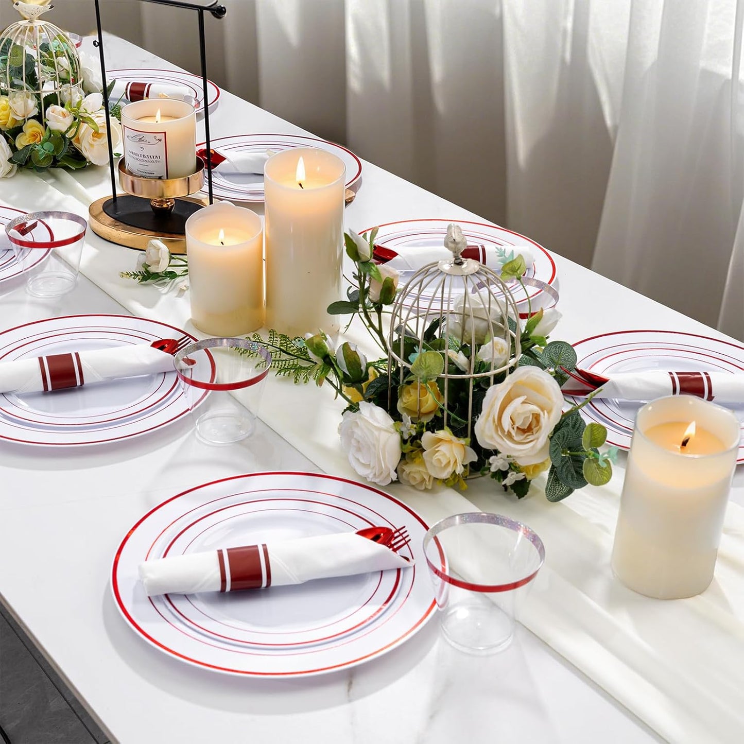 WELLIFE 210 Piece Red Plastic Dinnerware Set, Disposable Plates for Party,Include: 30 Dinner Plates, 30 Dessert Plates, 30 Pre Rolled Napkins with Gold Silverware and 30 Gold Cups
