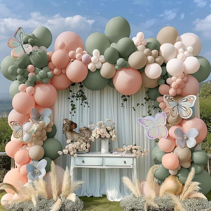 Dusty Green Pink Balloon Garland Double Stuffed Blush Pink Cream Sage Green Peach Sand White Balloon Arch Kit for Baby Bridal Shower Wedding Birthday Spring Party Decoration