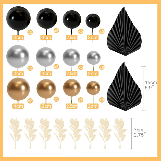 NEBURORA 64 Pcs Balls Cake Toppers and Leaves Decoration Set Mini Balloons for Cake Decorating Supplies Balls Cake decorations for Baby Shower Cake Toppers Birthday Cake Decorations (Black Gold)