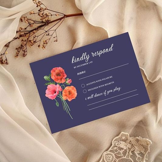 Personalized Wedding RSVP Cards On Glossy Thick Card With Envelope, Personalized Reponse, 5 x 3.5 Inches, Set of 15 Custom Cards with White Envelopes (Navy Blue)