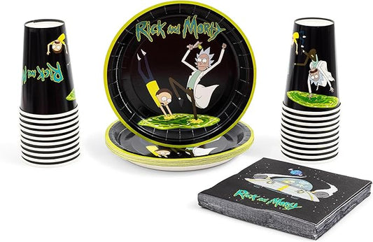Silver Buffalo Rick and Morty in the Portal 60 Pack Partyware Disposable Paper Plates, Napkins, and Cups