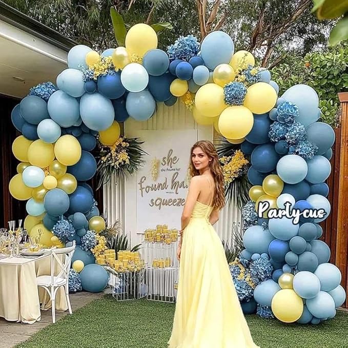 Dusty Blue Yellow Balloon Arch Kit Double Stuffed Dark Pastel Blue Light Yellow Pearl Balloon Garland for Birthday Bridal Wedding Baby Shower Lemon Valentines Party Decoration