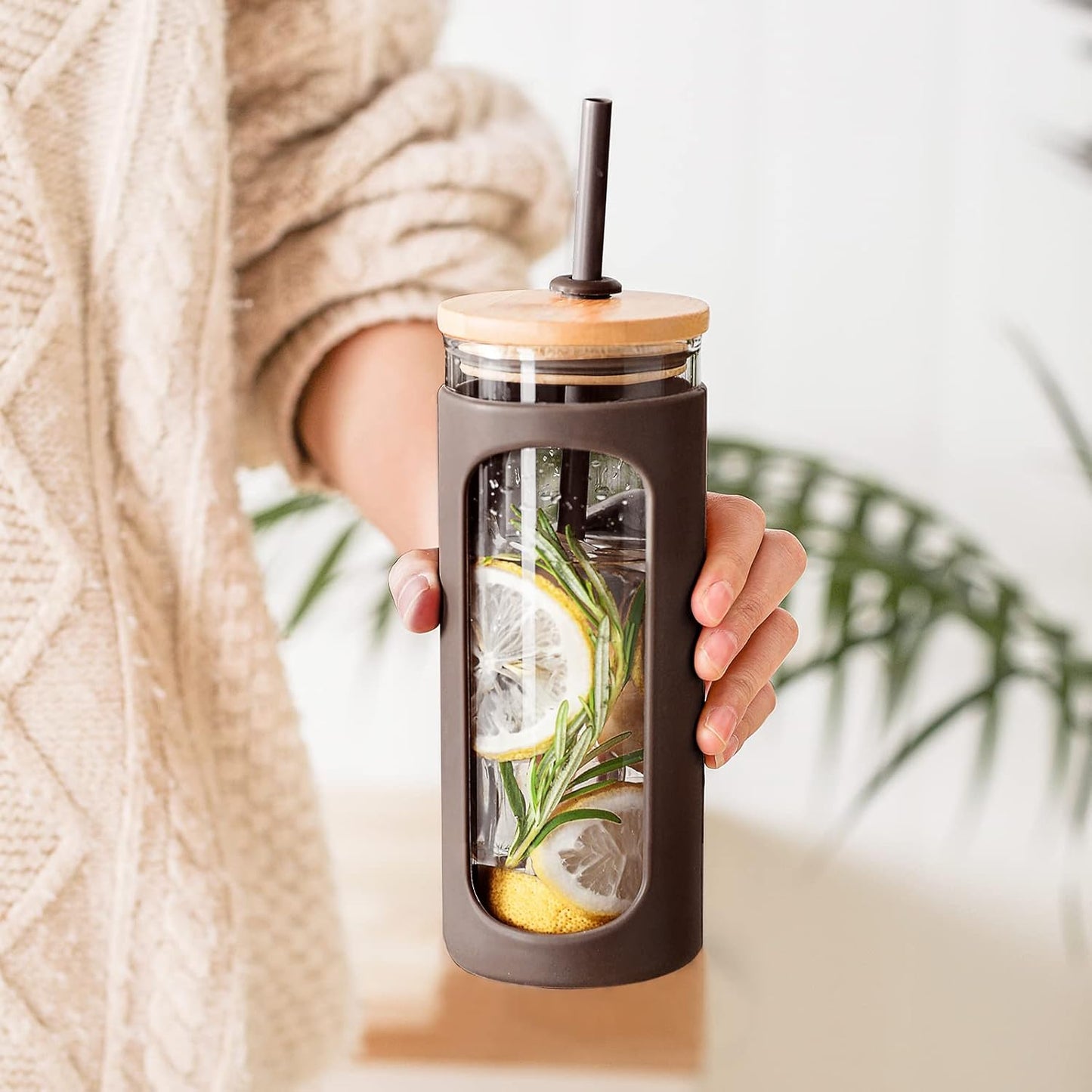 Kodrine 20oz Glass Tumbler with Straw and Lid, Iced Coffee Cups with Bamboo Lids, Glass Cups for Cold Drinks, Smoothie Cup with Silicone Sleeve for Travel, Work, BPA FREE-Brown