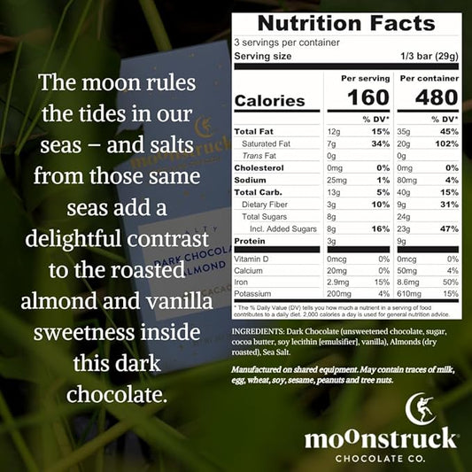 Moonstruck Chocolate Dark Chocolate Bar with Sea Salt and Almonds, 68% Cacao, 3.0oz (Pack of 4)