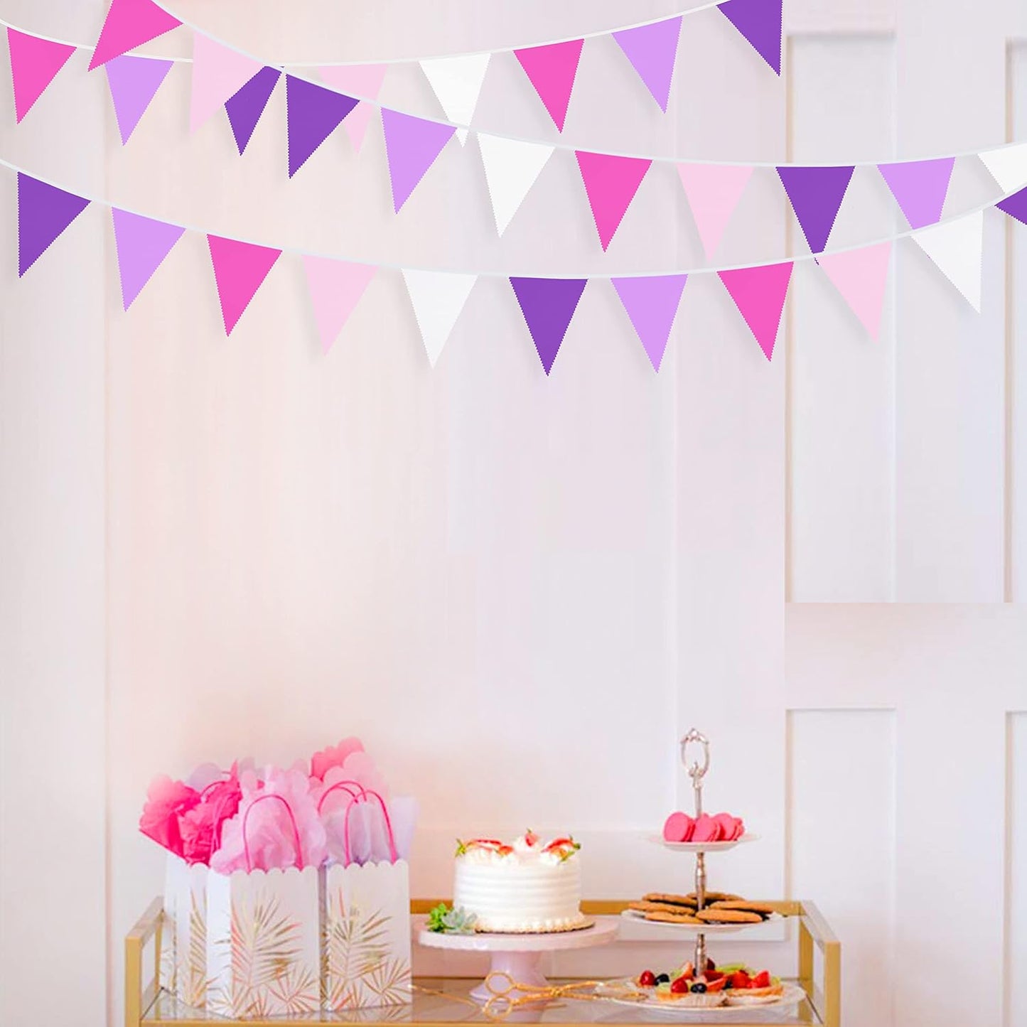 10M/32Ft Rose Pink Purple White Pennant Banner Fabric Triangle Flag Bunting Garland for Baby Shower Birthday Wedding Anniversary Party Home Nursery Outdoor Garden Hanging Festivals Decorations