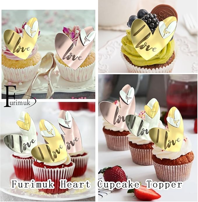 24 Pcs Love Heart Acrylic Cupcake Topper Cake Decoration Disc Mirror Acrylic Cake Topper Engraved Personalized Cake Topper for Valentine's Day Wedding Mother's Day (24, Gold Silver Rose)