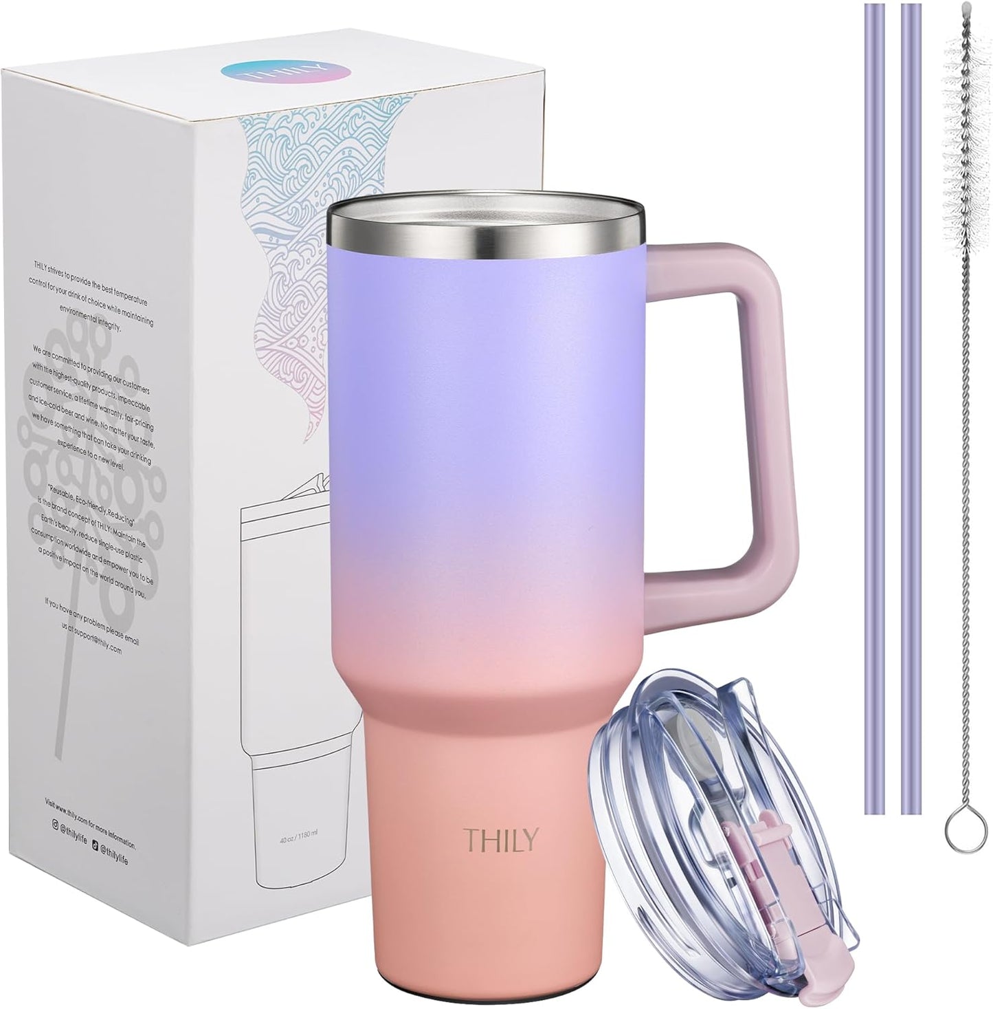THILY 40 oz Stainless Steel Tumbler with Handle - Vacuum Insulated Travel Cup, Splash-Proof & Leakproof Lid, 2 Straws & Brush | Keeps Cold 34H/Hot 12H, Cupholder Friendly, Lavender Dream