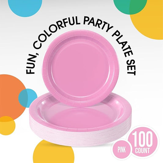 Exquisite Pink Paper Plates Disposable Heavy Duty 100 Pcs - 50-7" & 50-9" Pink Disposable Plates For Party Heavy Duty Paper Plate 350 GSM Birthday Party Supplies Plate Set