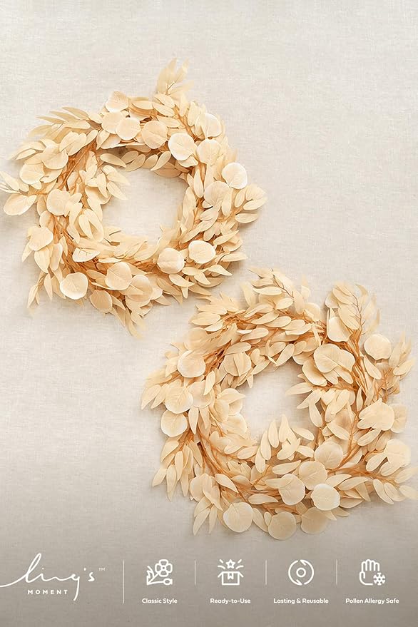 Ling's Moment Eucalyptus Garland for Table, 5.9ft White & Beige Fake Eucalyptus Wreaths with Willow, 2pcs Real Touch Leaf Garland for Wedding Centerpieces Arch Rehearsal Dinner Bridal Shower