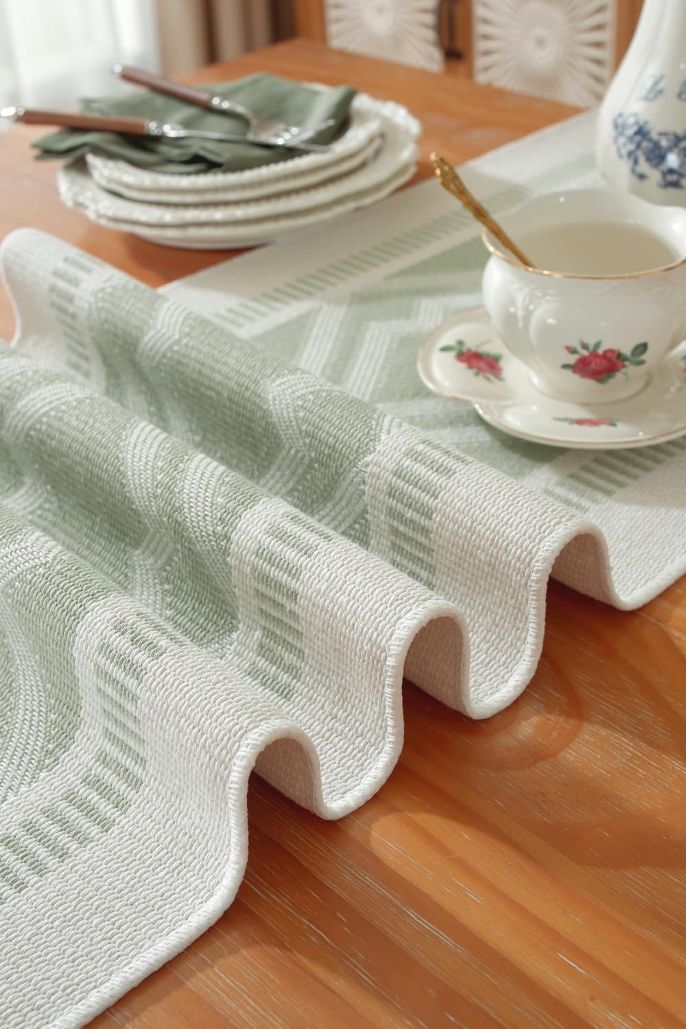 Boho Table Runner , Natural Cotton Woven Aqua Runner,for Modern Farmhouse Decor, with Tassels for Home Dining Table Decor 14 x 72 Inch Long