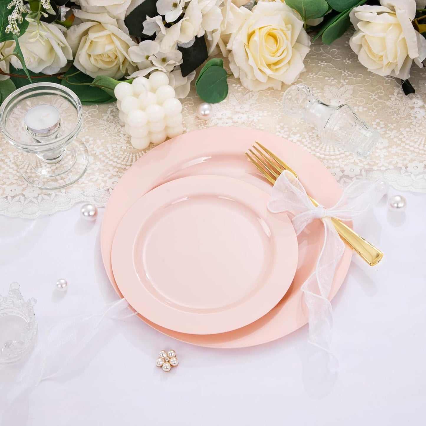 FLOWERCAT 60PCS Pink Plastic Plates - Heavy Duty Pink Plates Disposable for Easter Party/Mother's Day/Wedding - serving 30 guests Include 30PCS 10.25inch & 30PCS 7.5inch