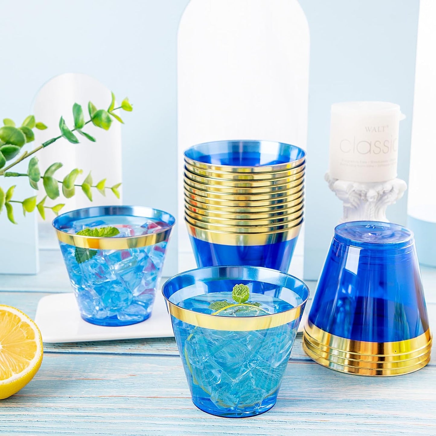 Nervure 240 PCS Blue Plastic Cups - 9Oz Gold Rimmed Plastic Cups - Heavy Duty Disposable Blue Cup with Gold Rim Perfect for Weddings, Receptions & Parties