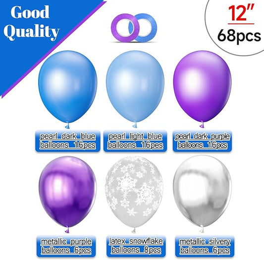 68Pcs Purple and Blue Party Balloons Kit 12 Inch Pearl Light Blue Metallic Purple Silver Snowflake Balloons with Ribbons for Winter Theme Birthday Wedding Girls Party Decorations.