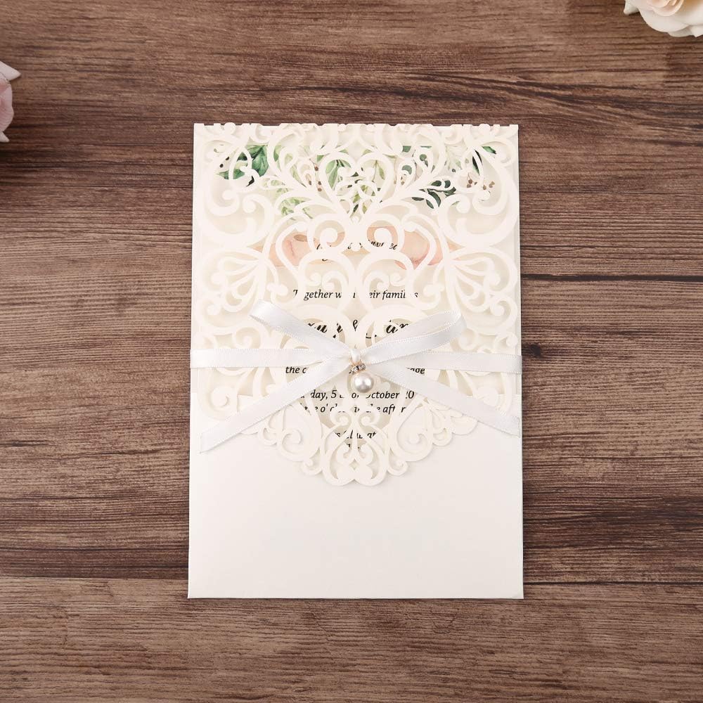 5X7.2 Inch 50PCS Personalized Laser Cut White Wedding Invitations With Rsvp Cards And Envelopes And Ribbon Belly Band Pearl Embellishments Wedding Invitation Cards For Wedding Invite