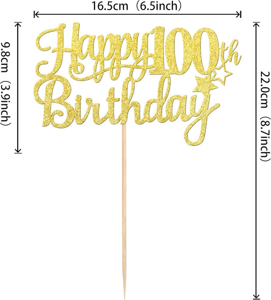 1 PCS Happy 100th Birthday Cake Topper - Gold Glitter Cheers to 100 Years - Fabulous Cake Decoration for 100th Birthday Theme Party
