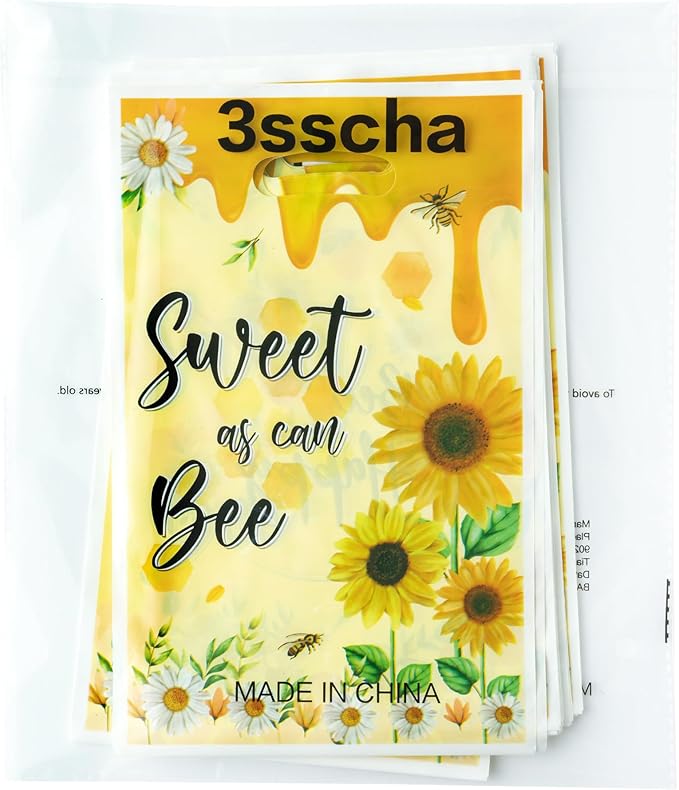 3sscha 50Pcs Bee Party Favor Bags Sweet As Can Bee Plastic Waterproof Goodie Bag Sunflower Yellow Rectangular Gift Pack for Kids Birthday Baby Shower Decoration Party Favor Supplies