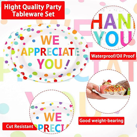 Grencian 50Pcs Thank You Oval Paper Plates 10" x 12" Large Heavy Duty We Appreciate You Paper Plates We Will Miss You Platter for Christmas Volunteer Employee Teacher Doctor Appreciation Party Decor