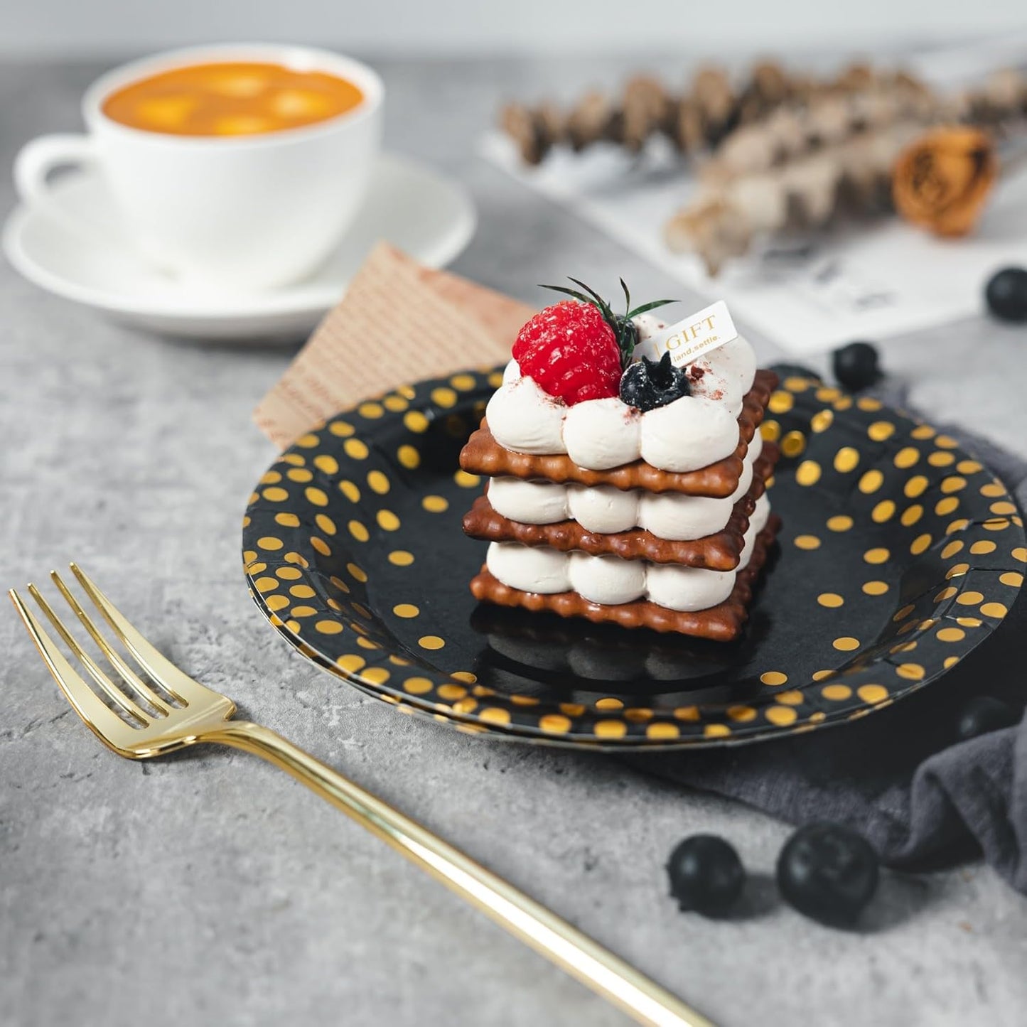 Lullaby 200PCS Black Paper Plates, Black and Gold Paper Plate, 100pcs Dinner Plates 9",100pcs Dessert Plates 7", Disposable Graduation Plates with Golden Dot for Birthday party, Halloween
