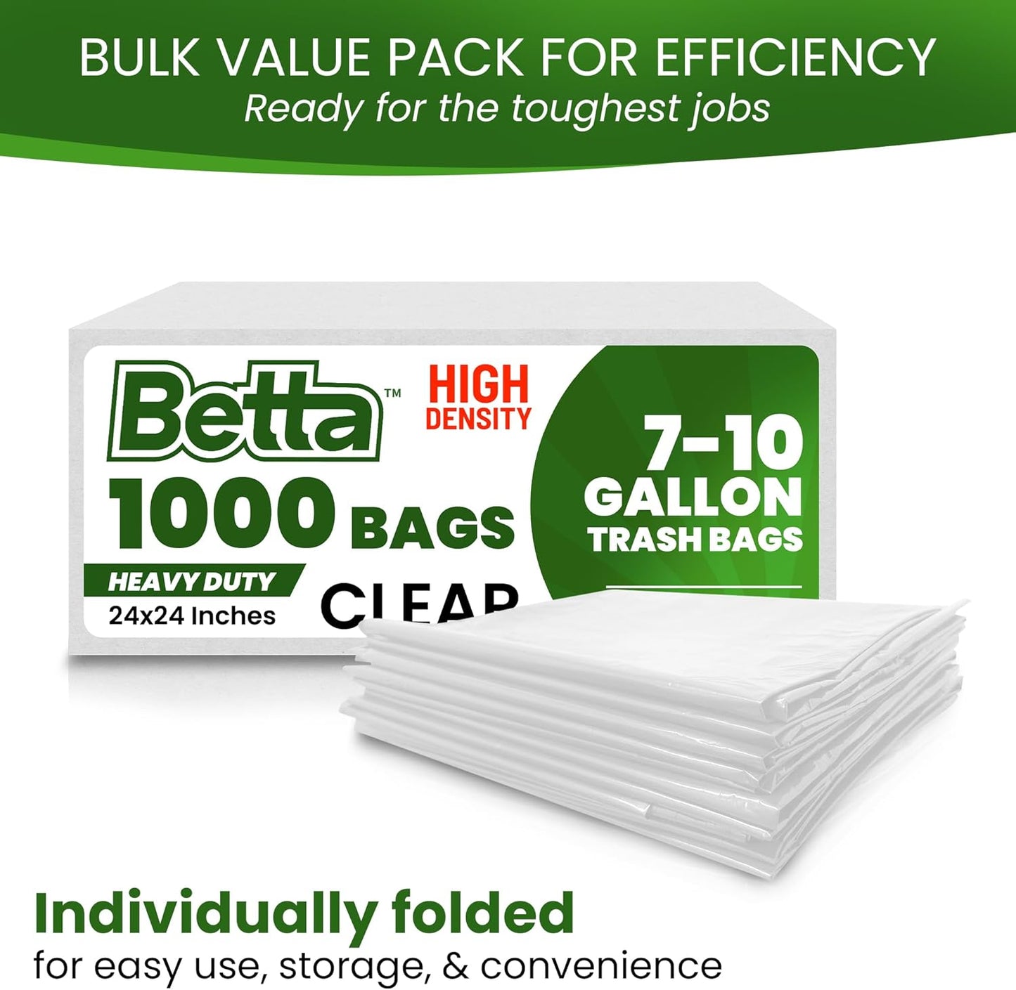 Betta 8-10 Gallon Medium Trash Bags, Clear, 1000 Count Box, (24x24-inch) Commercial Office Wastebasket Garbage Can Liners, 7-10 Gallon Round Cans, 6-8 Gallon Slim and Square Cans