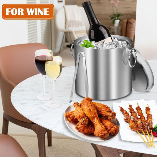 Ice Bucket with Lid & Tong- Well Made Insulated Stainless Steel Keep Ice Frozen Longer - Ideal for Cocktail Bar, Parties, Chilling Wine, Champagne - 3 Liter (Stainless Steel)
