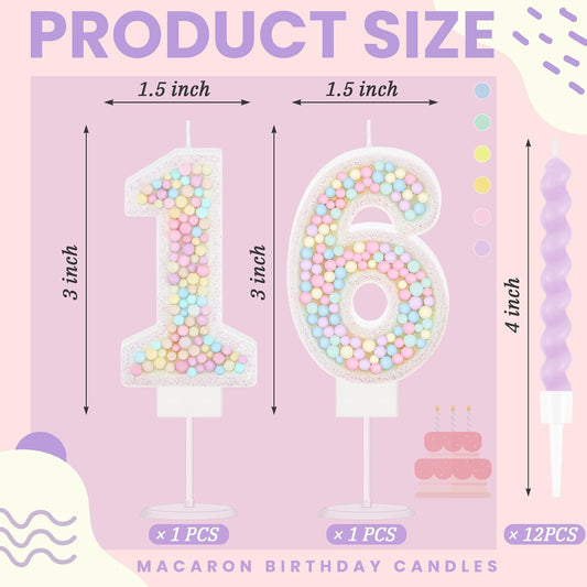 MTLEE Number 16 Birthday Candle with 12 Pcs Spiral Candles for Girls Macaron Pastel Rainbow Unicorn Pink Cake Topper for Sweet Theme Party Decoration