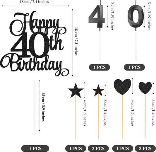 40th Birthday Cake Decorations, 40th Birthday Candles Cake Numeral Candles and Glitter Happy 40th Birthday Cake Toppers Set for Birthday Party Supplies (Black)