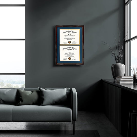 GraduationMall 14x20 Double Diploma Frame, Display 8.5x11 Certificate with Navy over Gold Mat,UV Protection Acrylic,Mahogany with Gold Beads