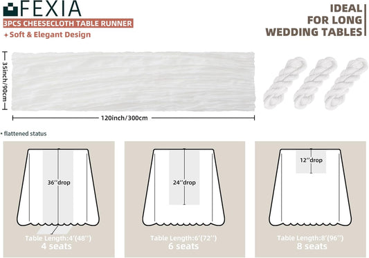 FEXIA 3 Pack White Cheesecloth Table Runner 35x120 Inches for Baby Shower Decoration Spring Easter Ivory Table Runner for Wedding Party First Communion Centerpiece Engagement Bridal Shower Decoration
