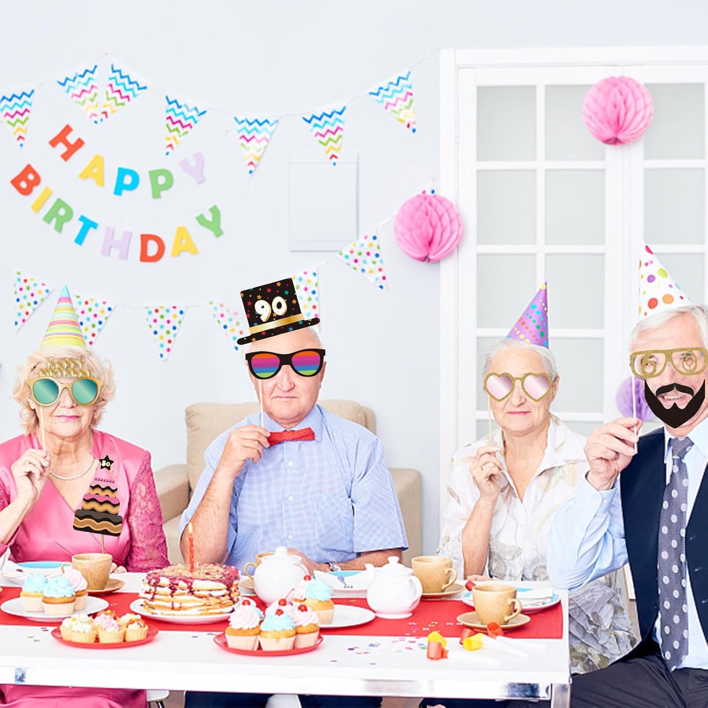 BRT Bearingshui 90th Birthday Party Photo Booth Props Accessories, 90th Happy Birthday Party Decorations Supplies Favors