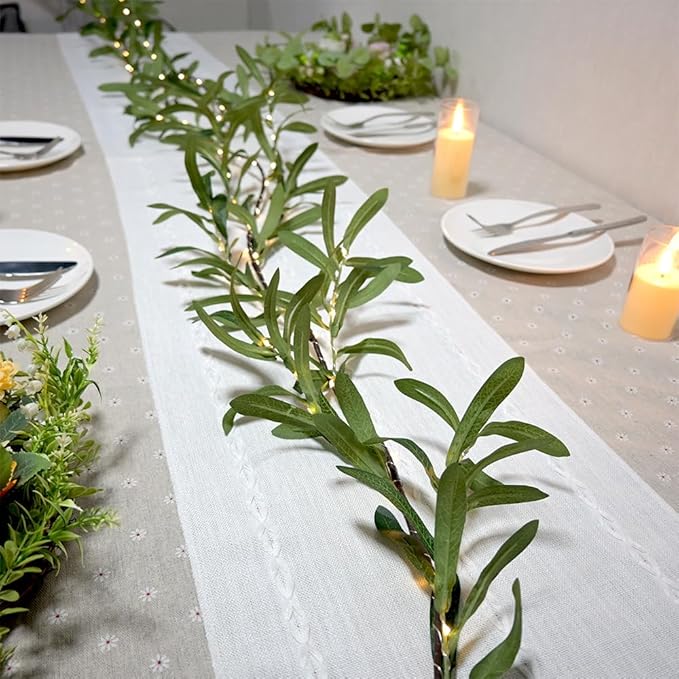 6.56FT Lighted Olive Garland with Lights 96 LED 8 Modes Battery Operated with Timer Artificial Greenery Vine Garland with Lights for Mantel Fireplace Table Wall Patio Wedding Holiday Spring Decoration
