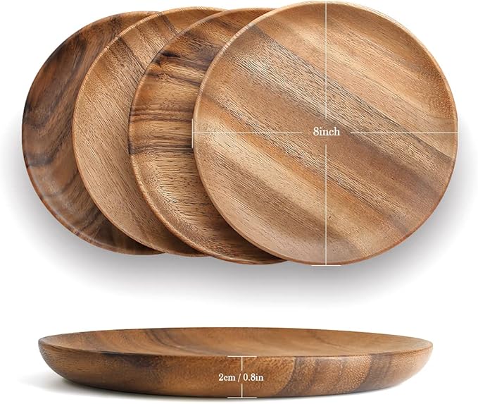 IQCWOOD 4 Pcs Wooden Dinner Plates, 8 Inch Acacia Wood Dinner Plates for Eating Wooden Serving Platter for Food Sandwich Dessert Salad Plate Fruit Platters Round Tray Wood Charger Plate