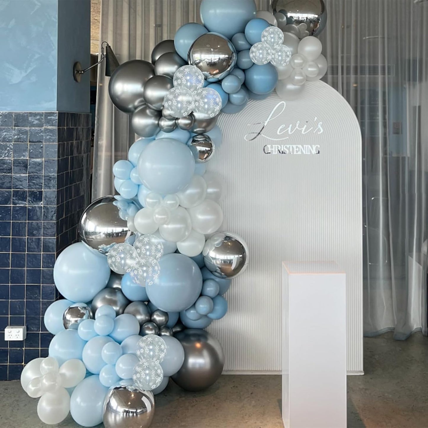 Blue Winter Wonderland Balloons, 60 PCS 12 Inch Snowflake Balloons Dusty Light Baby Blue White and Silver Balloon for Boy Baby Shower Winter Christmas Holiday Birthday Party Decorations