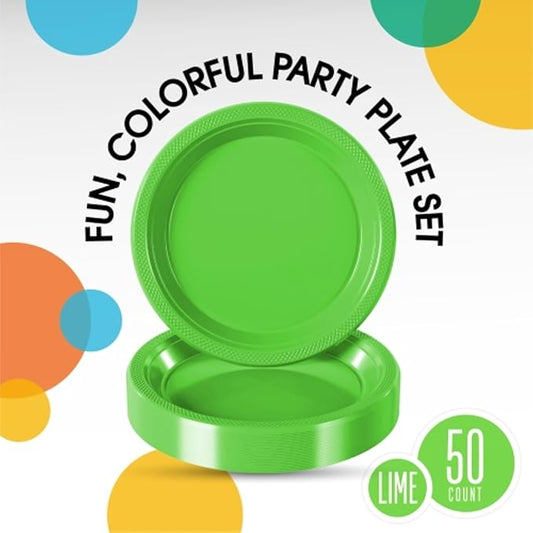 Exquisite Party Solids Lime Green Plastic Plates For Party Supplies 9" Lime Green Disposable Plates Heavy Duty 50 Pcs Plastic Dinnerware Sets Heavy Duty 350 GSM Disposable Dinnerware Set