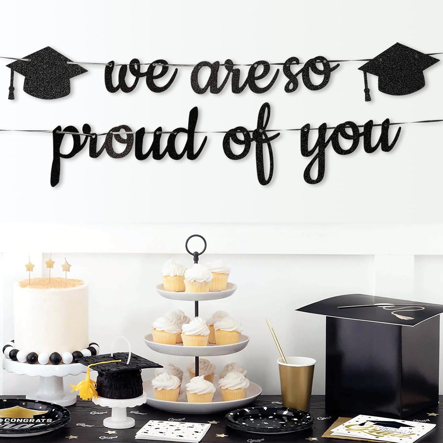Graduation Decorations Class of 2025 - Black Gold Graduation Party Decorations include Balloon Boxes with Letters, Banner and Balloon Arch Kit for 2025 Grad Party Supplies Photo Backdrop