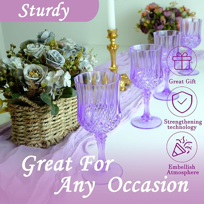 Plastic Wine Glasses, Plastic Goblets Vintage Style Cordial Unbreakable Drinking Glasses, Reusable Drinkware for Wedding Reception, Grand Event Party Supplies, Easter (24, Purple)