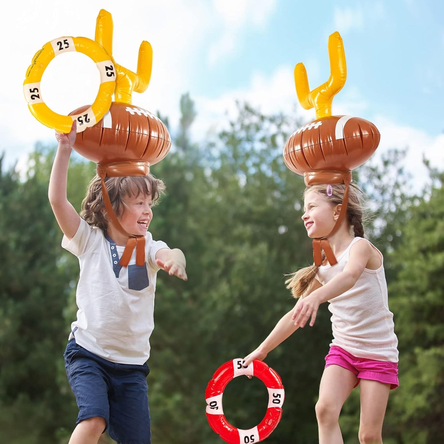 Civaner 2 Set Inflatable Post Ring Toss Football Goal Post Game Include 2 Pieces Hat 6 Pieces Toss Ring for Football Party(Cute Style)