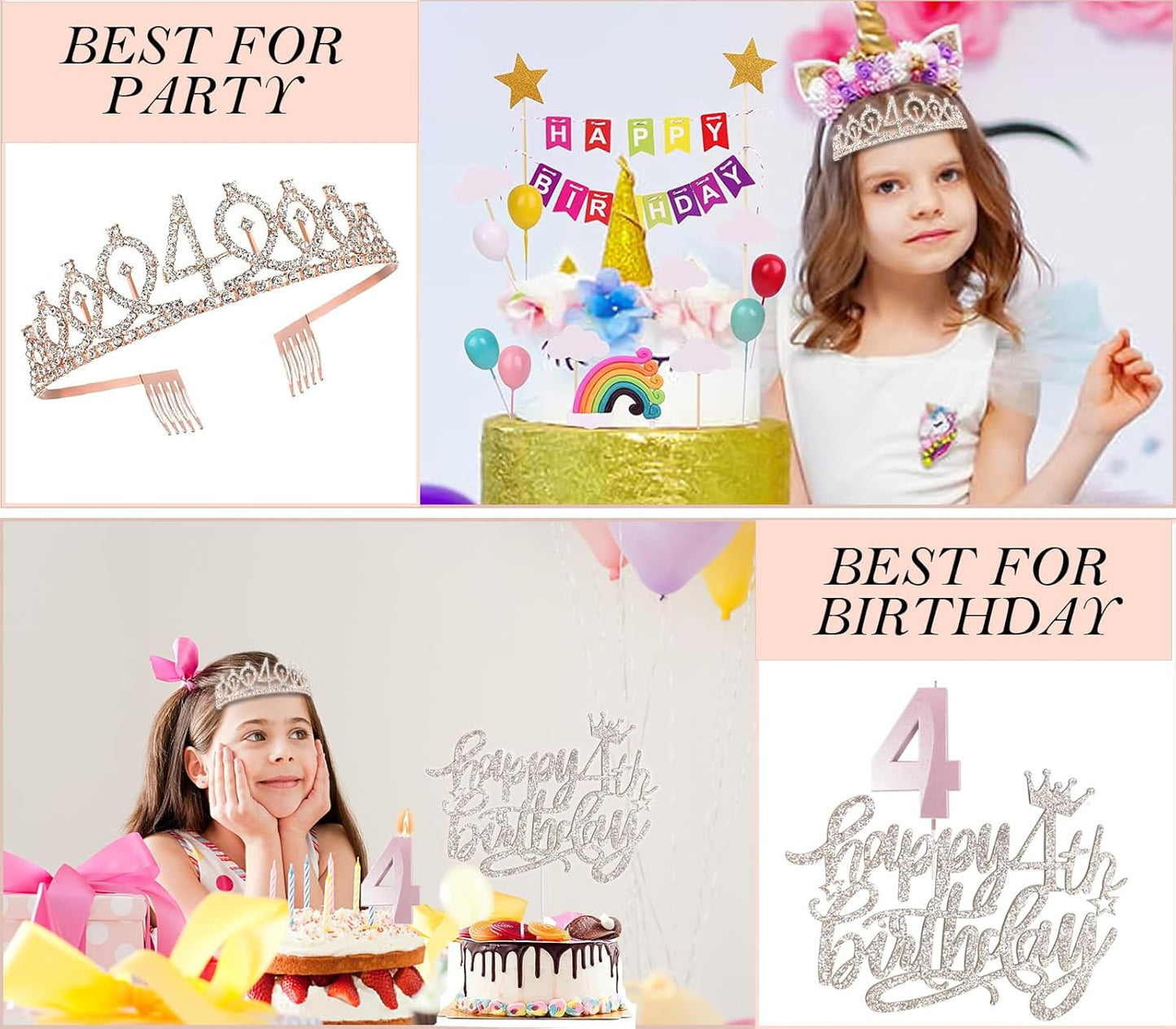 4th Birthday Decorations Girl, Including 4 year old Birthday Cake Topper, Queen Sash with Pearl Pin, Sweet Rhinestone Tiara Crown, Number Candles and Balloons Set, Rose Gold