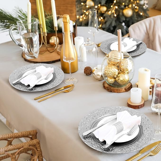 Uiifan 24 Pcs Antique Charger Plates Bulk 13'' Plastic Plate Chargers Decorative Embossed Rim Round Plates for Wedding Party Event Dinner Kitchen Table Setting Decoration (Silver)