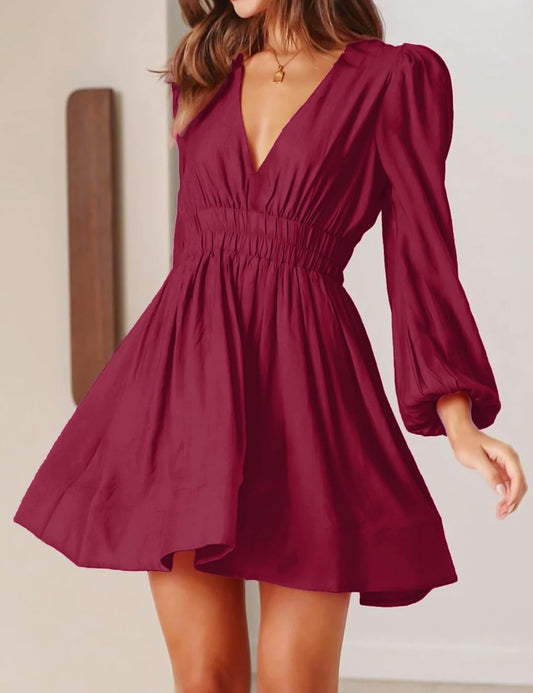 FAIABLE Mini Deep V Sexy Long Sleeve Dress for Women A-line High Waisted Casual Flowy Dress for Cocktail Wedding Guest