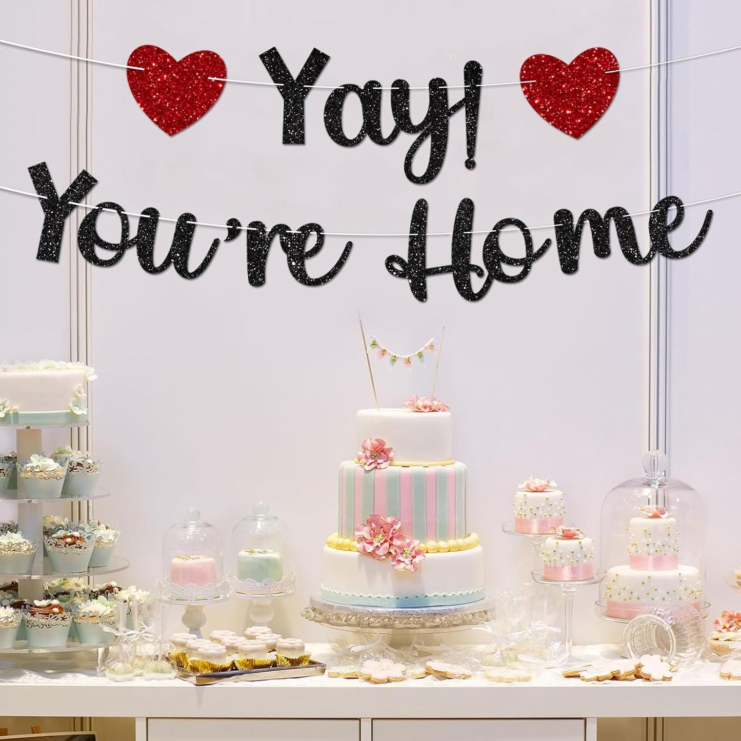 Black Glitter Welcome Home Banner, Yay! You're Home Banner for Welcome Back, Housewarming & Military Return Party Decorations & Decor, No DIY.