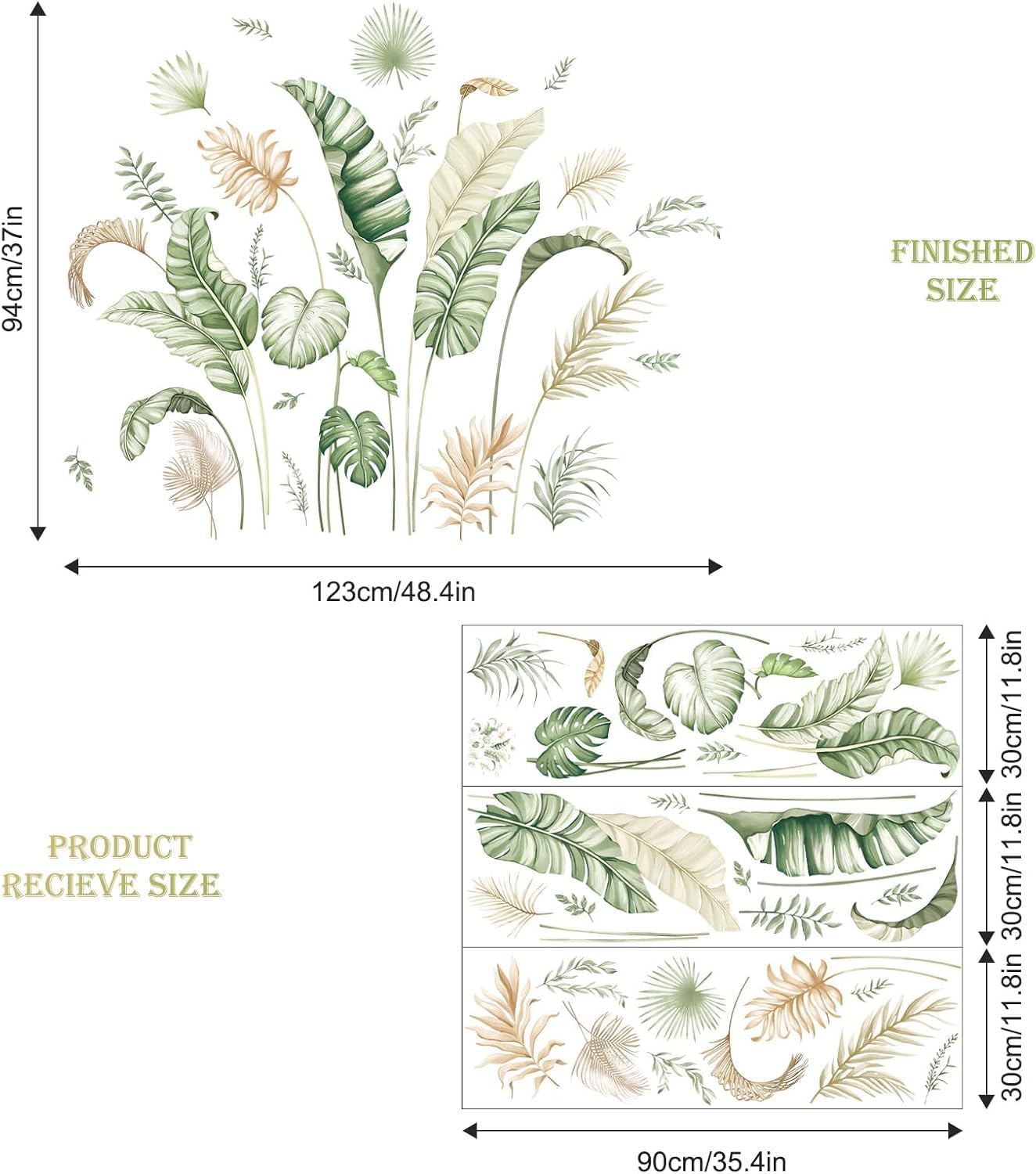 Boho Palm Leaves Wall Decals Green Tropical Plants Wall Stickers Monstera Leaf Art Wall Decor for Bedroom Living Room Kitchen Sofa TV Backdrop