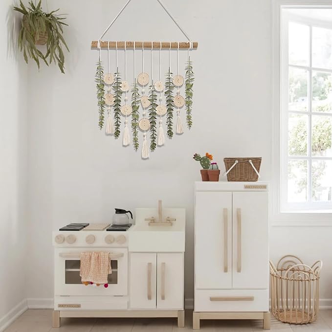 Boho Wall Decor Artificial Eucalyptus Bathroom Decor Fake Eucalyptus Plants Greenery Leaves with Wooden Bead Garland on Stick Rustic Farmhouse Home Decorations for Bedroom Living room Nursery Kitchen