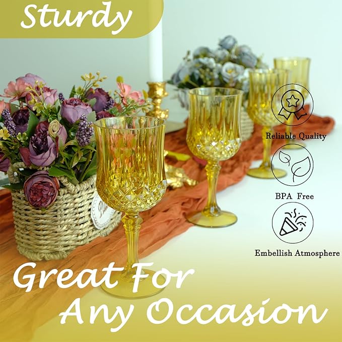 Plastic Wine Glasses, Plastic Goblets Vintage Style Cordial Unbreakable Drinking Glasses, Reusable Drinkware for Wedding Reception, Grand Event Party Supplies, Easter (12, Gold)