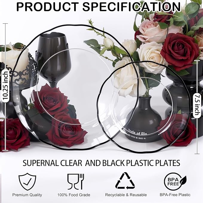 supernal 60pcs Clear and Black Plastic Plates New Fancy Scalloped Plates Disposable Heavy Duty Disposable Dinnerware Include 30 Dessert Plate & Dinner Plate for Valentine's Day Easter and Party