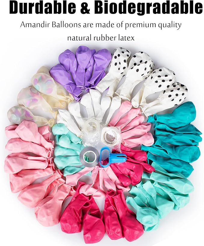 Amandir 152pcs Hot Pink and Teal Blue Balloon Garland Arch Kit, Different Sizes 12 10 5 Purple Rose Red Confetti White Dots Turquoise Balloons for Spa Girls Surprise Birthday Baby Shower Decorations