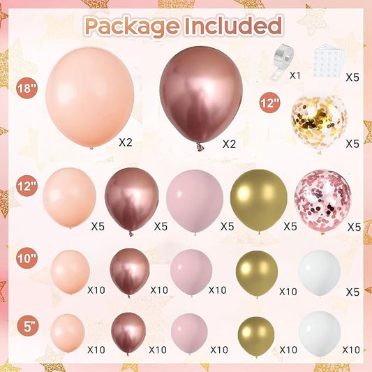 Rose Gold Balloon Garland Kit, Nude Pastel Pink Metallic Gold Matte White Balloons Gold and Rose Gold Confetti Balloons for Valentines Day Wedding Bridal Shower Party Girl Birthday Decorations