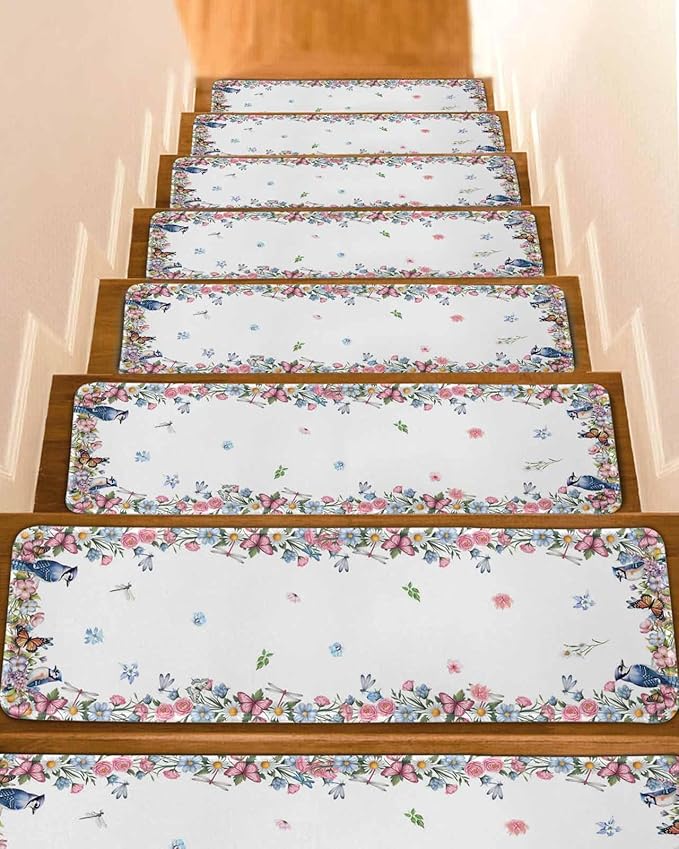 Spring Floral Stair Treads Non Slip for Wooden Steps Blue Pink Wildflowers Leaves Birds Butterflies Stair Runner Carpet Reusable Adhesive Staircase Rugs for Dogs, Elders and Pets, 8x30 Inch, 4PCS