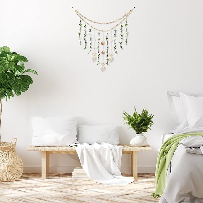 Hanging Eucalyptus Boho Wall Decor Large Boho Bedroom Wall Hanging Wooden Bead Garland Artificial Eucalyptus Natural Greenery Decoration, 36 x 36 Inch (Simple Color, Shell Style)