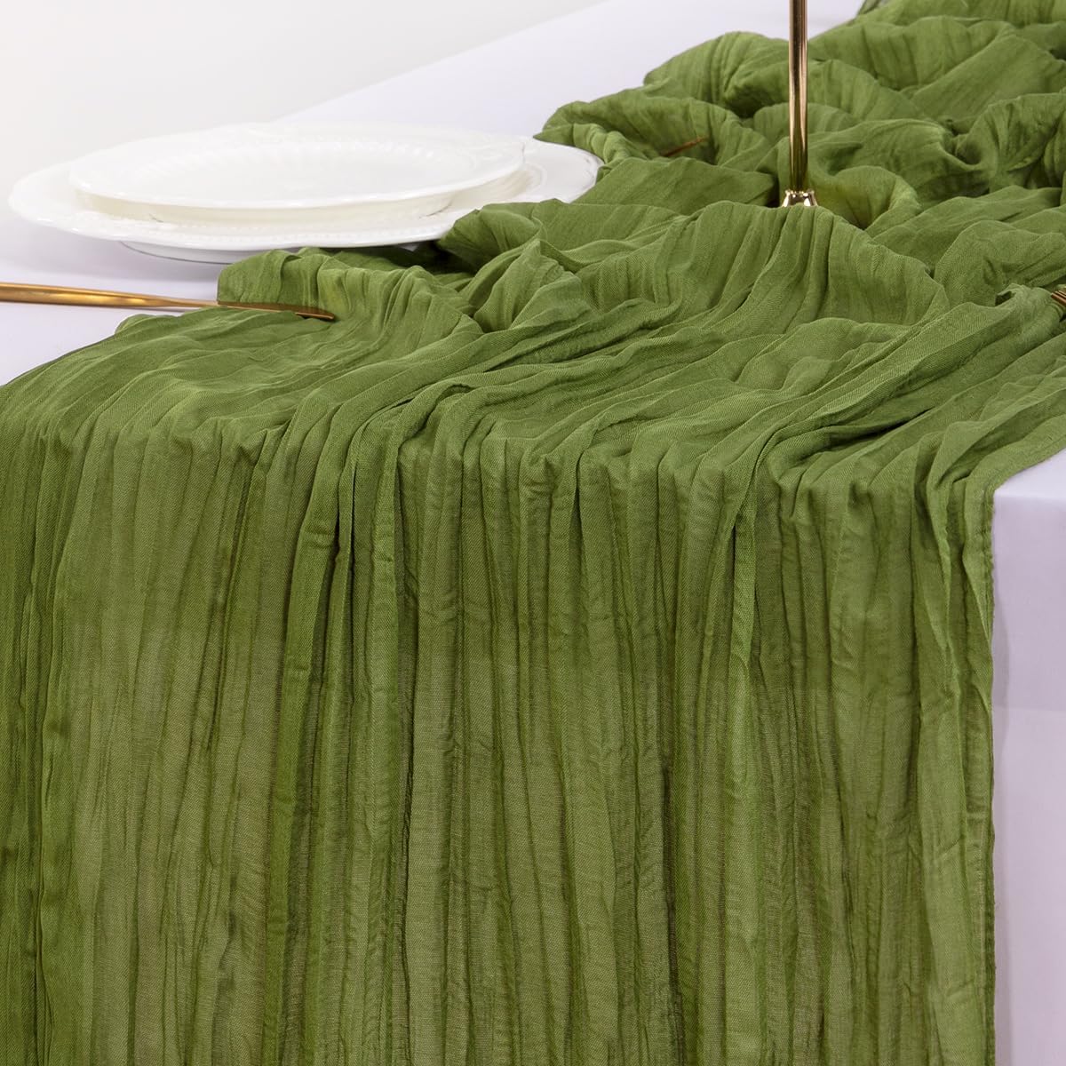 Socomi Olive Green Fall Thanksgiving Cheesecloth Table Runner Boho Rustic Gauze 120 inch 10FT Cheese Cloth Runner for Wedding Party Baby Shower Birthday Home Decor Holiday Decorations