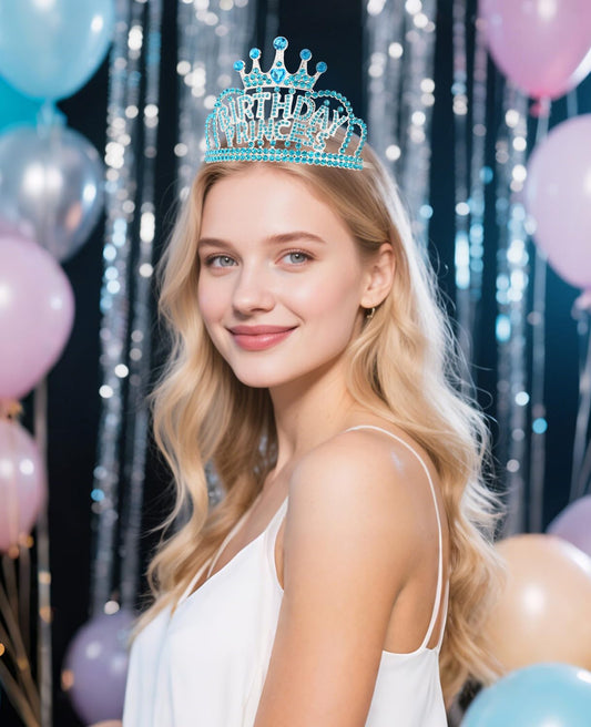 Wecoe Birthday Crown Blue Princess Rhinestone Tiara with Combs Happy Birthday Party Favors Pink Decorations 16th 18th 21st 25th Gifts for Her